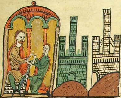 Bernard Ier de Besalu fait don des châteaux de Tautavel et Pena à Guillaume Ier de Bésalu son fils - Le comte assis prend la main de son fils agenouillé - avec les deux châteaux en arrière-plan. - Liber Feudorum Maior (folio 61r)